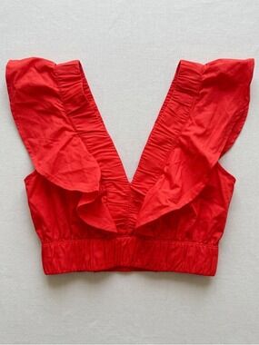 Japna Red Orange Ruffle V-Neck Crop Top Medium | Boho Cotton